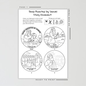 Puede incluir: Una hoja de adorno de historia imprimible en blanco y negro titulada "David Anointed by Samuel". La hoja incluye cuatro ilustraciones circulares con texto, instrucciones y una lista de los materiales necesarios. El texto incluye "1 Samuel 16" y "Ready to Print."