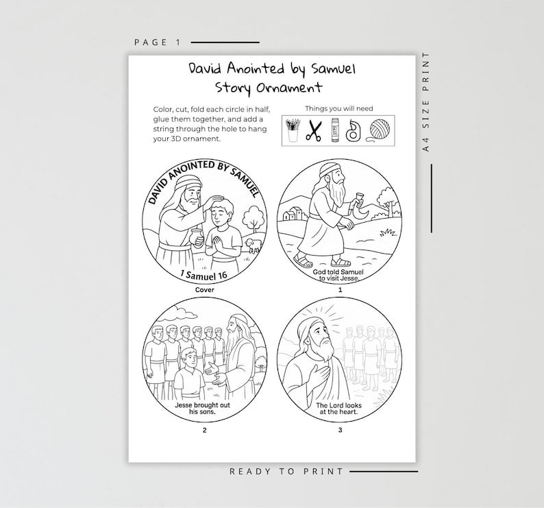 Puede incluir: Una hoja de adorno de historia imprimible en blanco y negro titulada "David Anointed by Samuel". La hoja incluye cuatro ilustraciones circulares con texto, instrucciones y una lista de los materiales necesarios. El texto incluye "1 Samuel 16" y "Ready to Print."