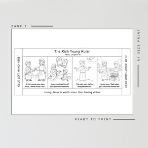 May include: Black and white illustrated page titled "The Rich Young Ruler" from Mark, Chapter 10. The page features four panels depicting a biblical story, with text including "Loving Jesus is worth more than having riches."