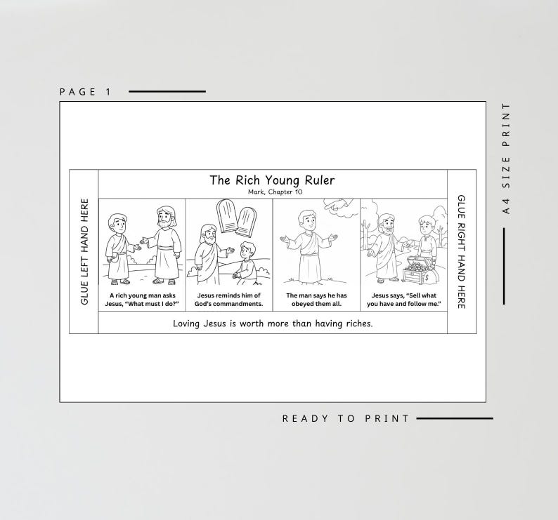 May include: Black and white illustrated page titled "The Rich Young Ruler" from Mark, Chapter 10. The page features four panels depicting a biblical story, with text including "Loving Jesus is worth more than having riches."