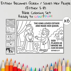 Puede incluir: Un juego de colorear b&iacute;blico que presenta la historia de Ester. Las ilustraciones en blanco y negro incluyen el texto "Esther Becomes Queen / Saves Her People" y "The King Loved Esther and Made Her Queen." Incluye seis p&aacute;ginas para colorear.