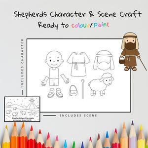 Puede incluir: Un kit de manualidades con un personaje de pastor y una escena, listo para colorear o pintar. Incluye una figura de pastor, ropa, una oveja y una escena que representa el anuncio del nacimiento de Jesús. El texto de la imagen dice "Shepherds Character & Scene Craft".