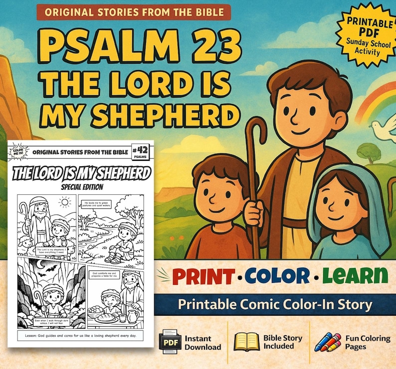 The Lord Is My Shepherd Bible Comic Colouring Page: listing photo