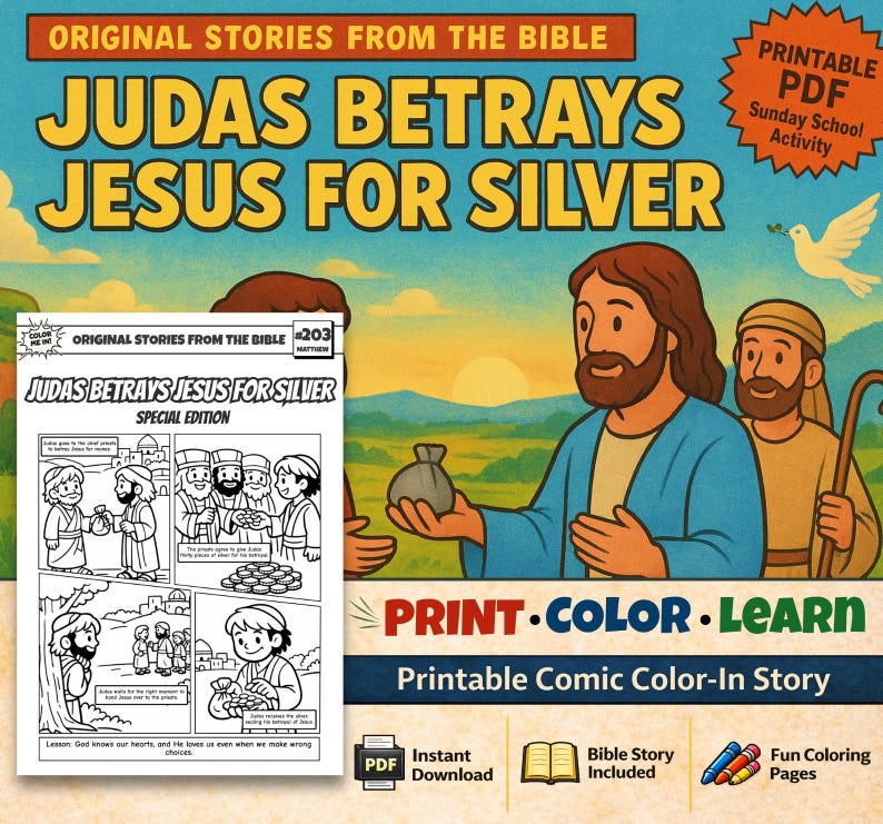 Judas Betrays Jesus for Silver Bible Comic Colouring Page for Kids: listing photo