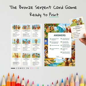 Könnte beinhalten: Ein farbenfrohes Kartenspiel mit dem Titel "The Bronze Serpent Card Game" mit dem Text "Ready to Print" und "Comes in Color." Das Spiel enthält illustrierte Karten mit Fragen und Antworten, die biblische Szenen und Charaktere zeigen. Eine Hand hält eine Karte mit einer Hausillustration.