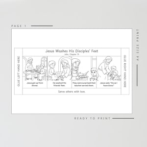 May include: Black and white line art illustration of a Bible story, "Jesus Washes His Disciples' Feet." The text includes "Serve others with love" and instructions for gluing. Ready to print on A4 size paper.
