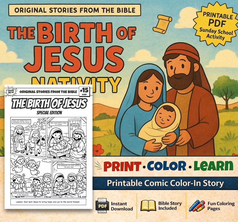 Birth of Jesus Nativity Bible Comic Colouring Page: listing photo