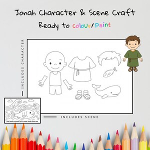 May include: A craft kit with the text "Jonah Character & Scene Craft" and "Ready to colour/Paint". The kit includes a character, scene, and coloring elements. A small illustration shows a fish and the text "God sends a great fish to save Jonah from sea".