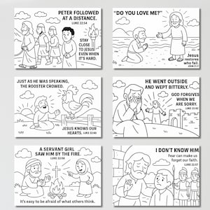 May include: Six black and white illustrations depicting scenes from the Bible. Each image includes text from the Bible. The illustrations show Jesus and his disciples in various scenarios, including Peter following at a distance and Jesus restoring those who fail.