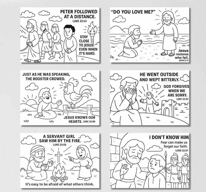 May include: Six black and white illustrations depicting scenes from the Bible. Each image includes text from the Bible. The illustrations show Jesus and his disciples in various scenarios, including Peter following at a distance and Jesus restoring those who fail.