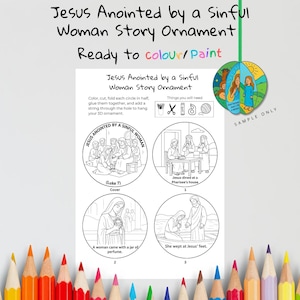 May include: A coloring ornament kit featuring the story of Jesus Anointed by a Sinful Woman. The kit includes a ready-to-color ornament with illustrations and instructions. The text "Ready to colour/Paint" is visible.