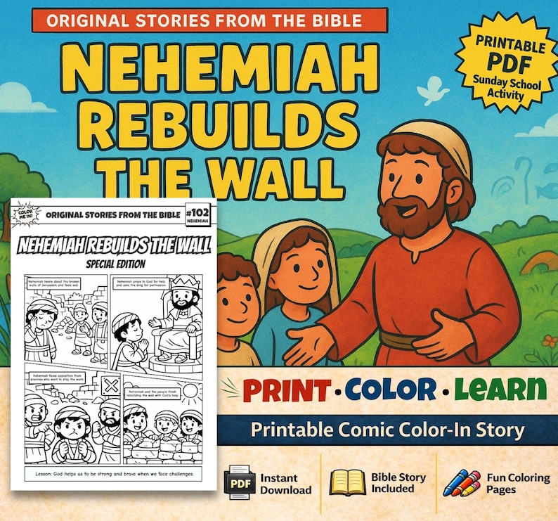 Nehemiah Rebuilds the Wall Bible Comic Colouring Page for Kids: listing photo