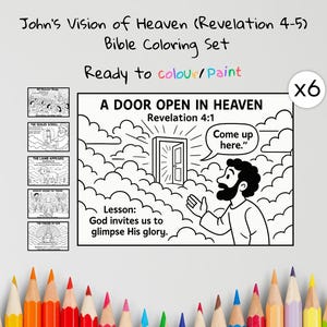 Puede incluir: Un juego de colorear b&iacute;blico titulado "John's Vision of Heaven (Apocalipsis 4-5)" con el texto "Ready to colour/Paint". La imagen principal muestra una puerta que se abre en el cielo con el texto "A DOOR OPEN IN HEAVEN Revelation 4:1". Incluye seis p&aacute;ginas para colorear.