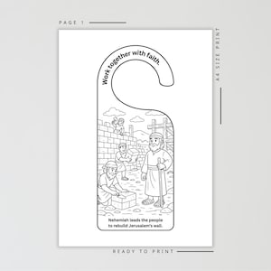 May include: Black and white door hanger with a biblical illustration of people building a wall. The text "Work together with faith" is at the top. The bottom reads "Nehemiah leads the people to rebuild Jerusalem's wall."