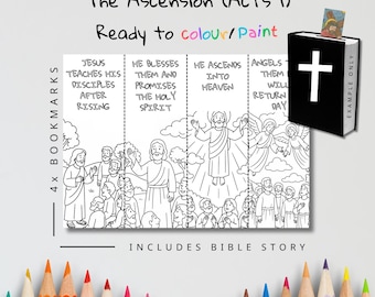 Puede incluir: Ilustración en blanco y negro de la Ascensión, lista para colorear. La imagen incluye cuatro marcadores y una historia bíblica. El texto dice "The Ascension (Acts 1)" y "Ready to colour/paint."