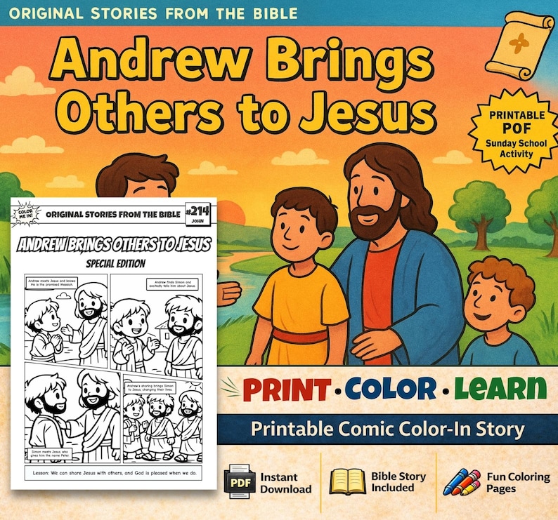 Andrew Brings Others to Jesus Bible Comic Colouring Page for Kids: listing photo
