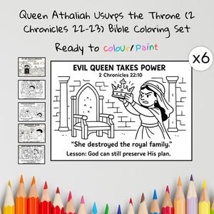 Op de afbeelding: Een zwart-wit Bijbel kleurset met koningin Athalia die de troon inneemt. De set bevat meerdere kleurplaten met de tekst "Evil Queen Takes Power" en "Ready to colour/Paint".