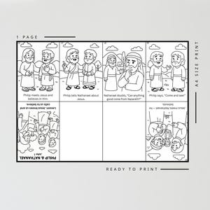 May include: Black and white printable coloring page with illustrations of biblical figures and text. The text includes phrases like "Philip meets Jesus" and "Jesus meets Nathanael." The page is labeled "Ready to Print."