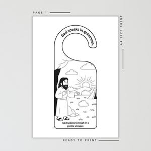 K&ouml;nnte beinhalten: Schwarz-wei&szlig;er T&uuml;rh&auml;nger mit einer biblischen Illustration. Das Bild zeigt einen Mann mit Bart, eine Landschaft mit Sonne und den Text "Gott spricht in Stille" und "Gott spricht zu Elia in einem sanften Fl&uuml;stern."