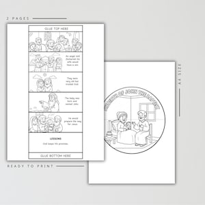 Puede incluir: Dos p&aacute;ginas para colorear imprimibles en blanco y negro. Una p&aacute;gina tiene una ilustraci&oacute;n circular con el texto "THE BIRTH OF JOHN THE BAPTIST". La otra p&aacute;gina tiene una historieta con texto e ilustraciones.