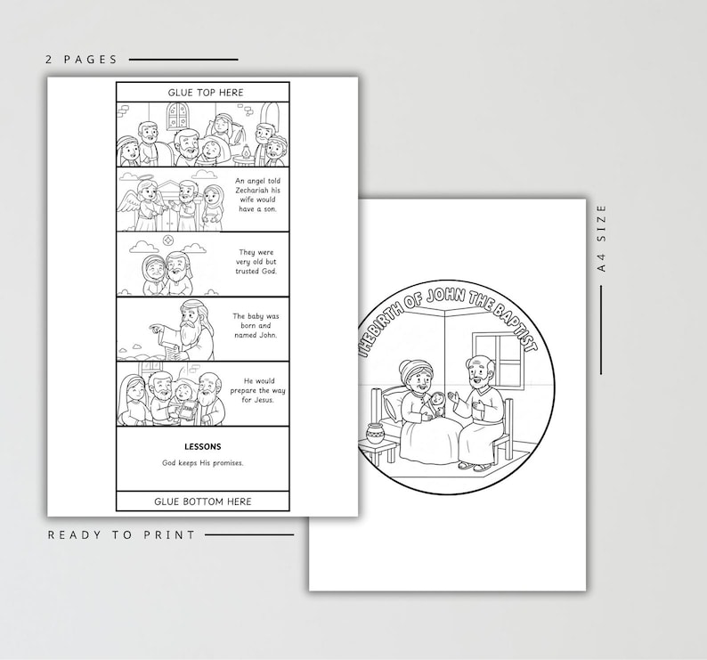Puede incluir: Dos p&aacute;ginas para colorear imprimibles en blanco y negro. Una p&aacute;gina tiene una ilustraci&oacute;n circular con el texto "THE BIRTH OF JOHN THE BAPTIST". La otra p&aacute;gina tiene una historieta con texto e ilustraciones.
