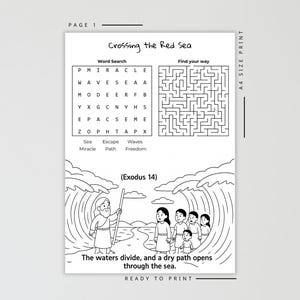 May include: Black and white printable activity sheet titled "Crossing the Red Sea". Includes a word search, maze, and an illustration of people walking through parted waters. Text reads "The waters divide, and a dry path opens through the sea."