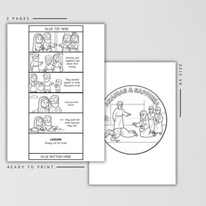 May include: Two-page ready-to-print coloring pages featuring the story of "Ananias & Sapphira". The first page is a comic strip with the text "Always tell the truth". The second page has a circular illustration.