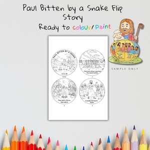 Pode incluir: Um livro para colorir intitulado "Paul Bitten by a Snake Flip Story". O livro apresenta quatro ilustrações circulares com texto, incluindo "Acts 28 Cover" e "Ready to colour/Paint". Há também uma ilustração colorida de uma figura religiosa.