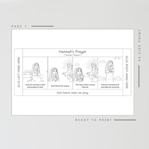 Peut inclure: Illustration en noir et blanc d'une page d'activit&eacute; pour enfants intitul&eacute;e "La pri&egrave;re d'Hannah". La page comprend quatre panneaux illustrant une histoire, avec du texte tel que "Dieu &eacute;coute quand nous prions" et "Pr&ecirc;t &agrave; imprimer".