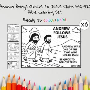 May include: A Bible coloring set with the text "Andrew Brings Others to Jesus." The set includes six coloring pages with illustrations of biblical scenes. The main image shows two figures walking together, with the text "Andrew Follows Jesus."