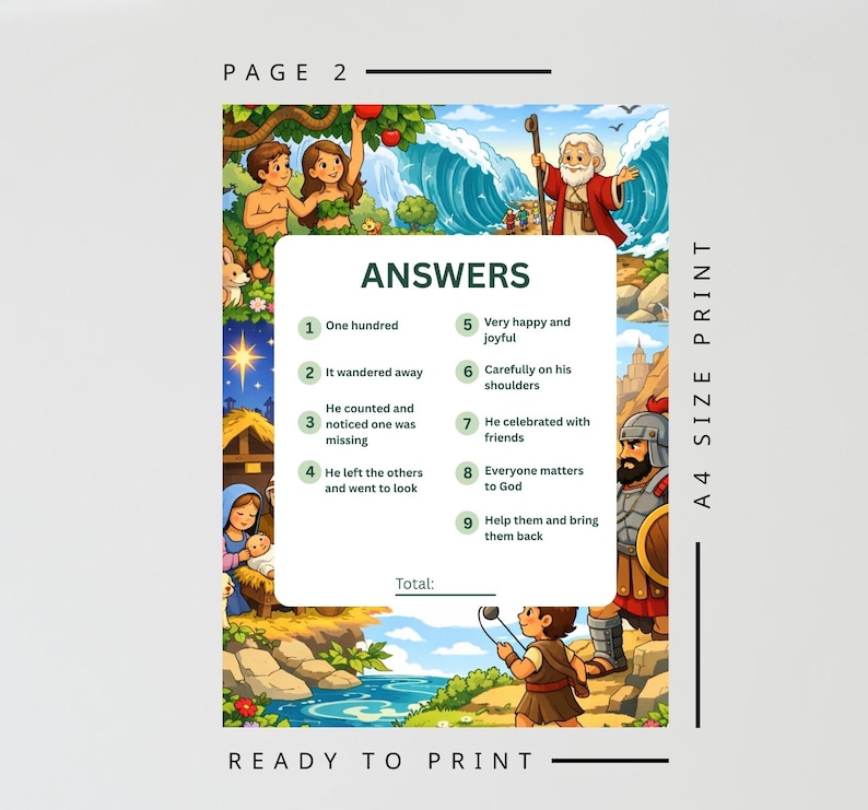 May include: A4 size print with colorful illustrations and text. The image features biblical scenes and characters, with the word "ANSWERS" and numbered questions. The phrase "READY TO PRINT" is also visible.