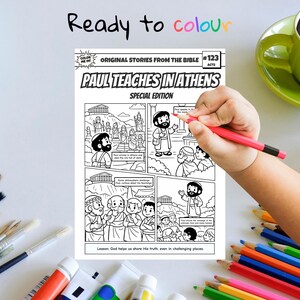 May include: A black and white comic book page titled "Paul Teaches in Athens" from the "Original Stories From The Bible" series. The page is being colored with a red pencil. The text "Ready to colour" is at the top.