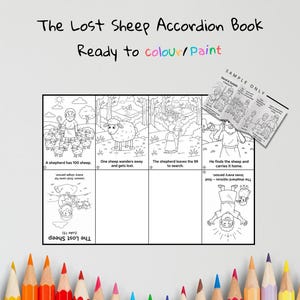 May include: Black and white accordion book titled "The Lost Sheep" with illustrations ready to color or paint. The book includes text and images depicting a shepherd and sheep. A small sample book is also included.