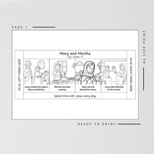 May include: Black and white line art illustration of a Bible story, "Mary and Martha," with text and scenes depicting Jesus, Mary, and Martha. The text includes "Spend time with Jesus every day."