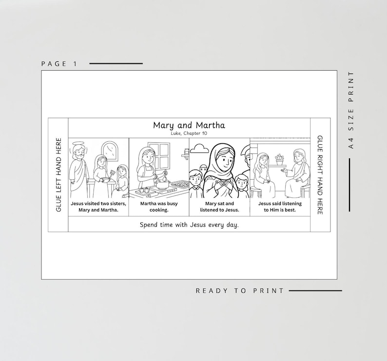May include: Black and white line art illustration of a Bible story, "Mary and Martha," with text and scenes depicting Jesus, Mary, and Martha. The text includes "Spend time with Jesus every day."