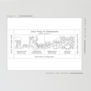 May include: Black and white illustration of a Bible story, "Jesus Prays in Gethsemane," with text and images. The page includes instructions for gluing and printing, with the text "Ready to Print."