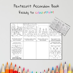 May include: Black and white Pentecost Accordion Book, ready to colour or paint. The book features illustrations of biblical scenes and text, including "The disciples wait and pray in Jerusalem" and "They speak in many different languages."