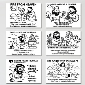 May include: Six black and white illustrations depicting scenes from the Bible. Each image features line art of figures, flames, and text. The text includes quotes from 1 Chronicles, such as "The Lord answered with fire" and "I have sinned greatly."