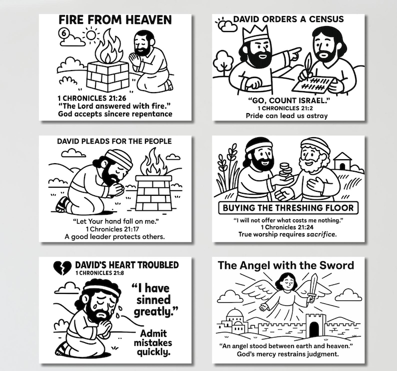 May include: Six black and white illustrations depicting scenes from the Bible. Each image features line art of figures, flames, and text. The text includes quotes from 1 Chronicles, such as "The Lord answered with fire" and "I have sinned greatly."