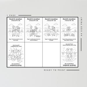 May include: A black and white printable page with illustrations and text about David and Jonathan. The page includes four panels depicting scenes from their story, with text describing each scene. The words "READY TO PRINT" are at the bottom.