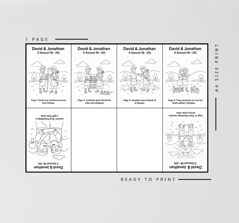 May include: A black and white printable page with illustrations and text about David and Jonathan. The page includes four panels depicting scenes from their story, with text describing each scene. The words "READY TO PRINT" are at the bottom.