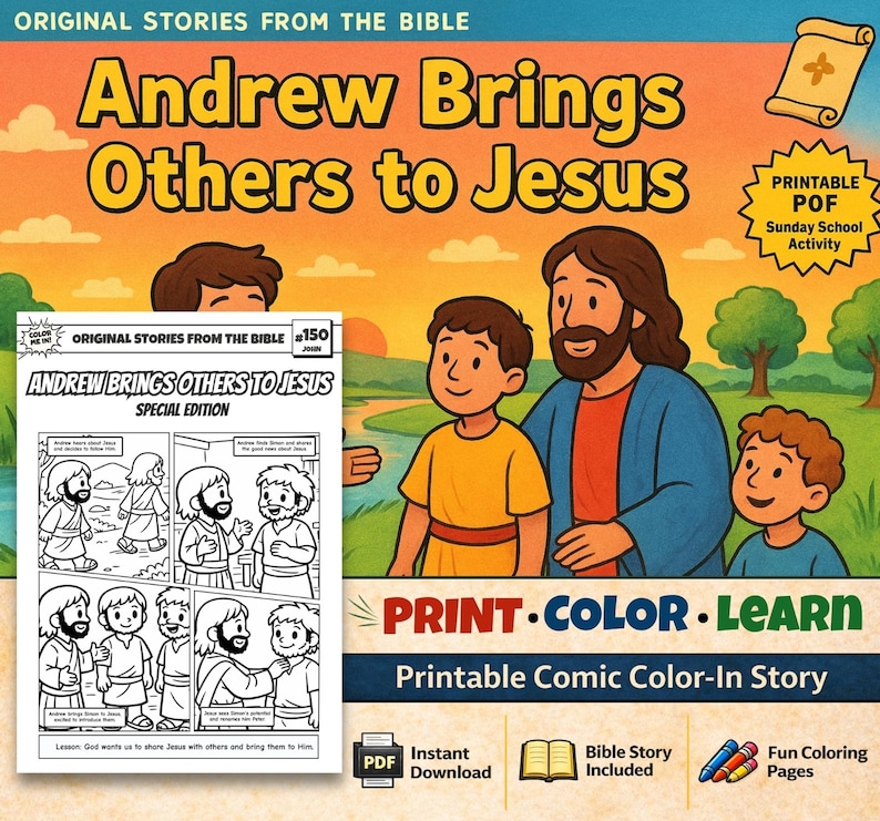 Andrew Brings Others to Jesus Bible Comic Colouring Page for Kids: listing photo
