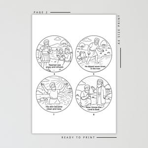 May include: Black and white line art print featuring four circular illustrations telling a biblical story. Each circle shows figures and text, including "He dipped seven times in the river" and "Now I know the Lord is God."