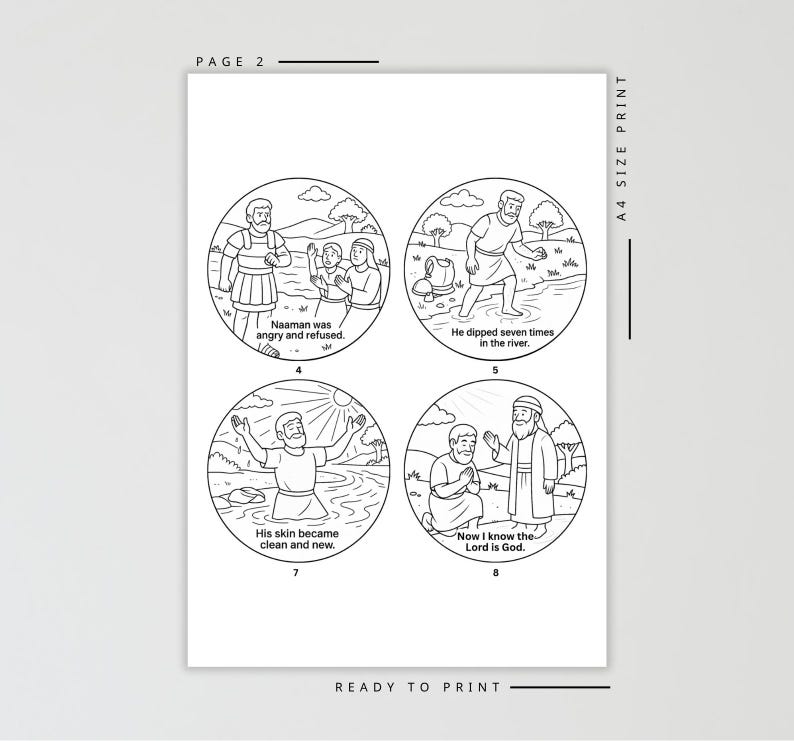 May include: Black and white line art print featuring four circular illustrations telling a biblical story. Each circle shows figures and text, including "He dipped seven times in the river" and "Now I know the Lord is God."