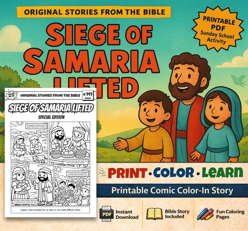 Siege of Samaria Lifted Bible Comic Colouring Page: listing photo