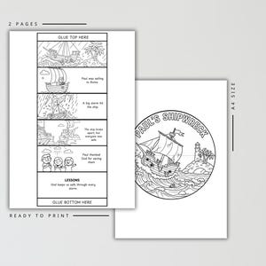 May include: Two-page printable coloring book with the title "Paul's Shipwreck." The first page features a comic strip of Paul's journey, while the second page has a circular illustration of a ship in a storm. The text "Ready to Print" is at the bottom.