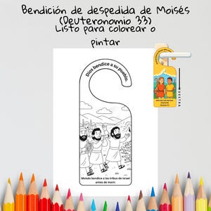 Könnte beinhalten: Eine schwarz-weiße, ausdruckbare Türhänger-Malvorlage mit einer Strichzeichnung von Mose, der die Stämme Israels segnet, inklusive des Textes 'Dios bendice a su pueblo' und 'Moisés bendice a las tribus de Israel antes de morir'.