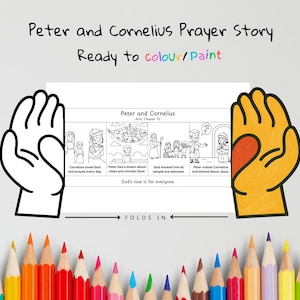 以下が含まれることがあります： 「Peter and Cornelius Prayer Story」というタイトルの塗り絵ページで、「Ready to colour/Paint」というテキストがあります。ページには、使徒の働き10章からのイラストが掲載されており、「God's love is for everyone」というテキストがあります。下部には色鉛筆が並んでいます。