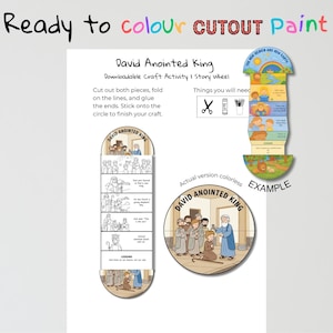 Puede incluir: Una actividad artesanal descargable titulada "David Anointed King" con instrucciones y un ejemplo. La imagen incluye una rueda de historias, una ilustración circular y el texto "Ready to colour CUTOUT Paint".