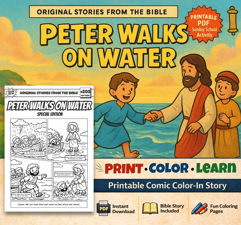 Peter Walks on Water Bible Comic Colouring Page: listing photo